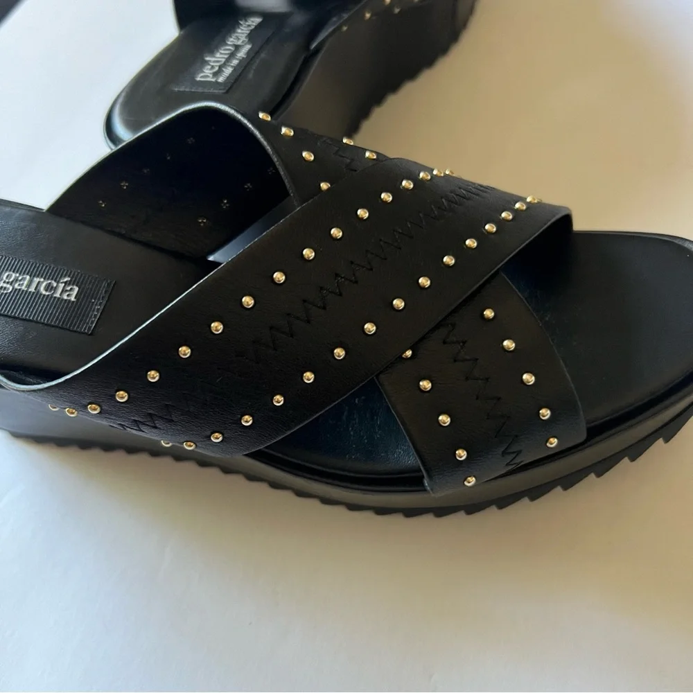 PEDRO GARCIA LEATHER CROSS STRAP PLATFORM WEDGE SANDALS BLACK SIZE 9.5 NWOT